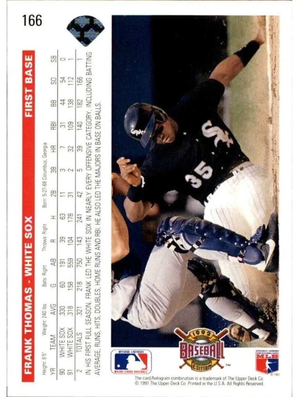 Frank Thomas 1992 Upper Deck MLB #166 Baseball Card Chicago White Sox